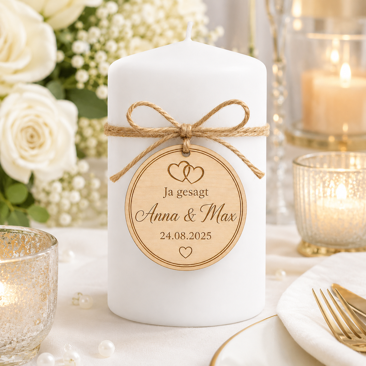 Personalisierter Holzanhänger für Hochzeit mit Namen & Datum