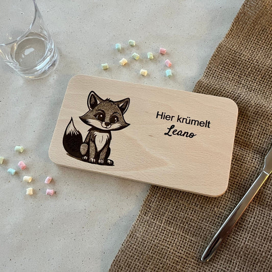 Frühstücksbrettchen personalisiert aus Holz - mit Gravur Fuchs und Namen - Patenkind Taufgeschenk