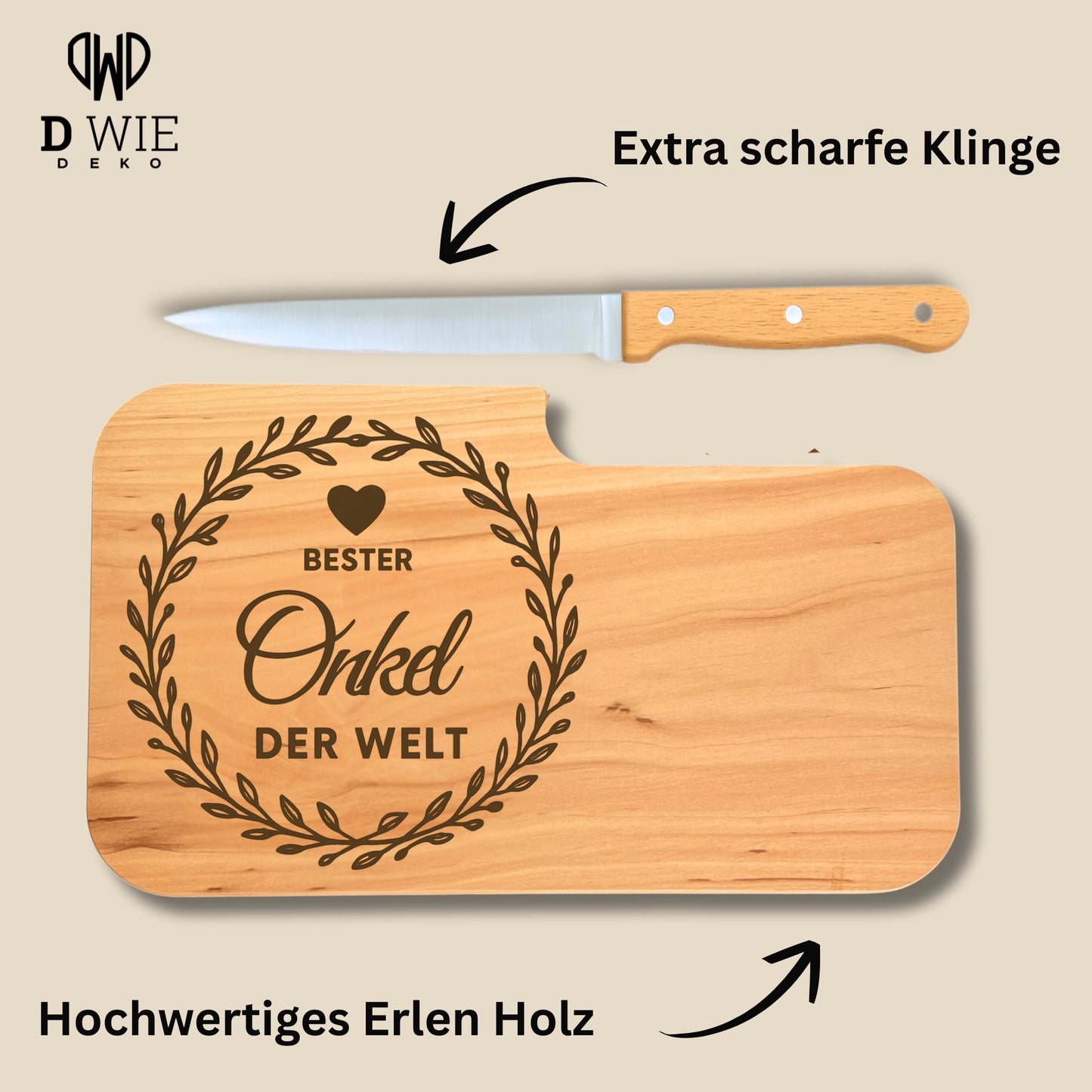 Brotzeitbrett mit Messer und Gravur - Bester Onkel der Welt - DwieDeko