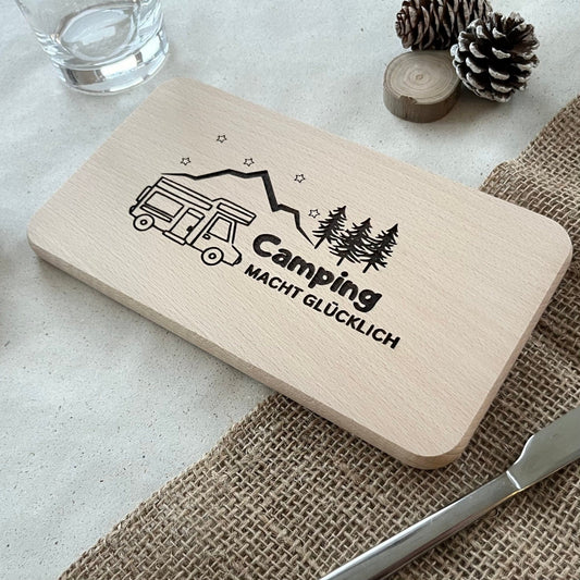 DwieDeko Frühstücksbrett "Camping macht glücklich" – Camping Zubehör & Geschenk für Camper Geburtstag