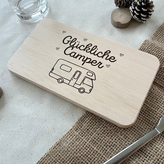 DwieDeko Frühstücksbrettchen "Glückliche Camper" – Geschenkidee für Wohnwagen-Fans & Camping Gadgets