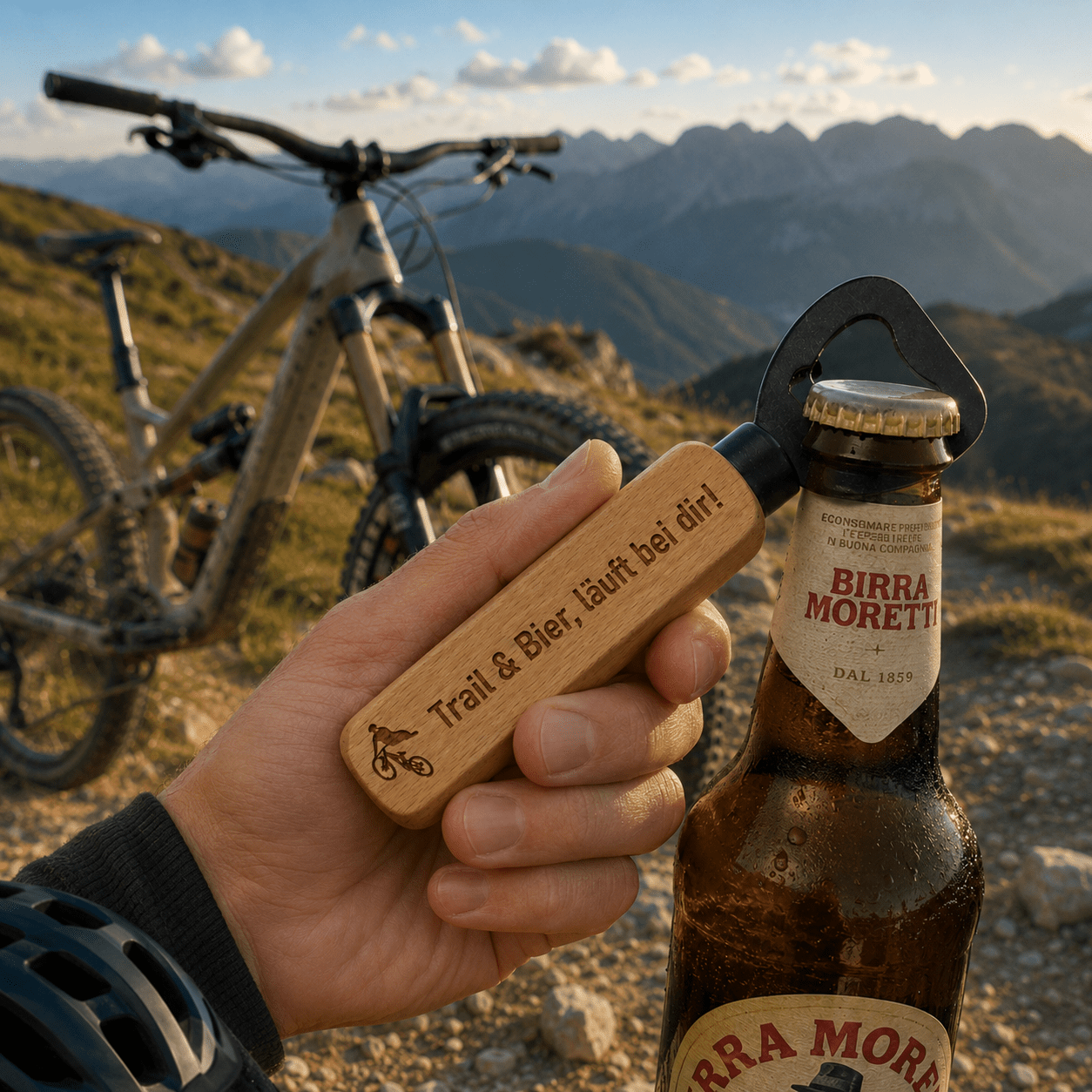 Flaschenöffner aus Holz mit Gravur – Mountainbiker & Radfahrer - DwieDeko
