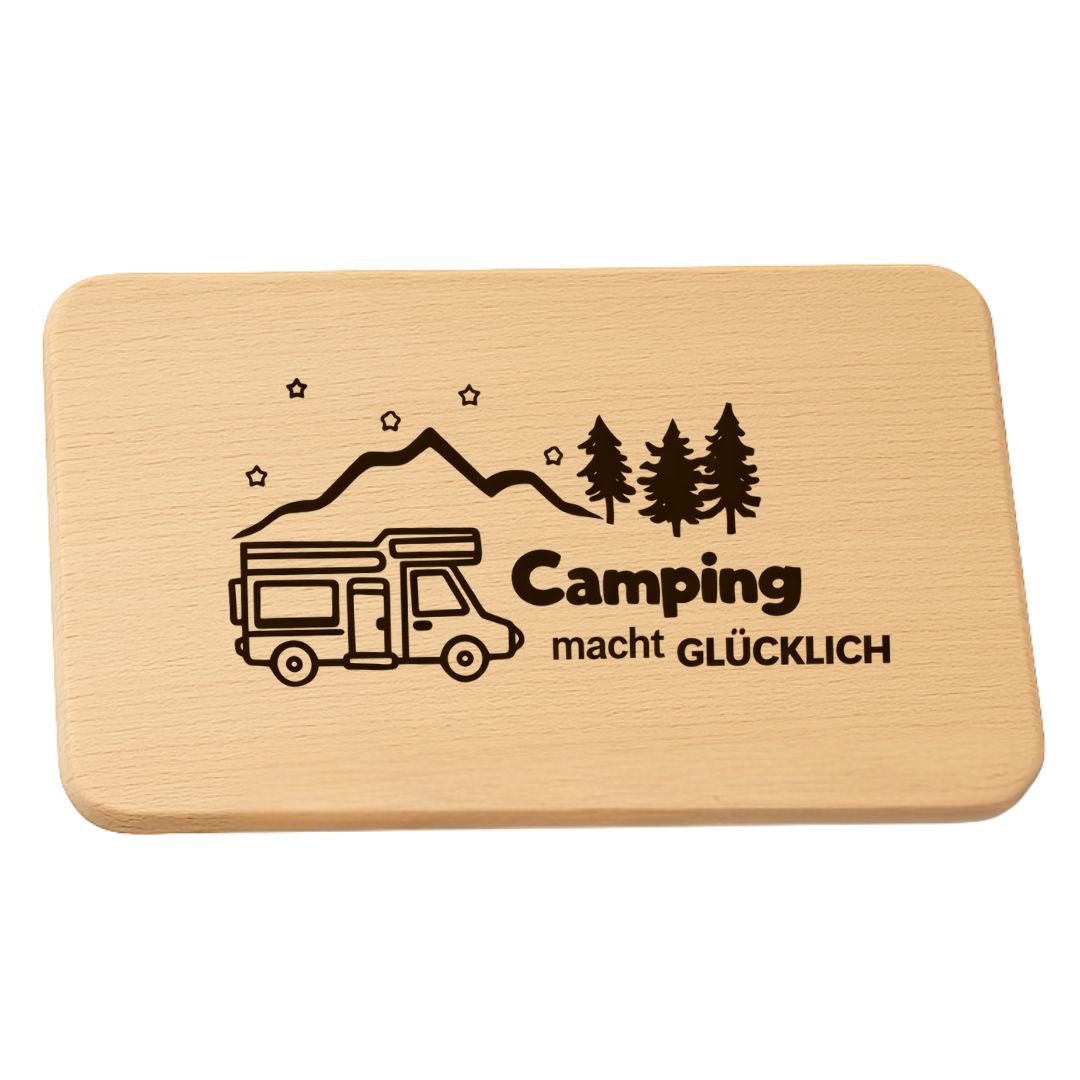 camping geschenk Frühstücksbrett "Camping macht glücklich" – Geschenk für Camper – DwieDeko