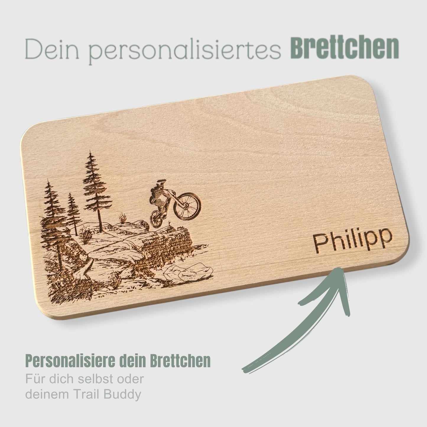 Frühstücksbrett personalisiert aus Holz – Mountainbiker auf Trail - DwieDeko