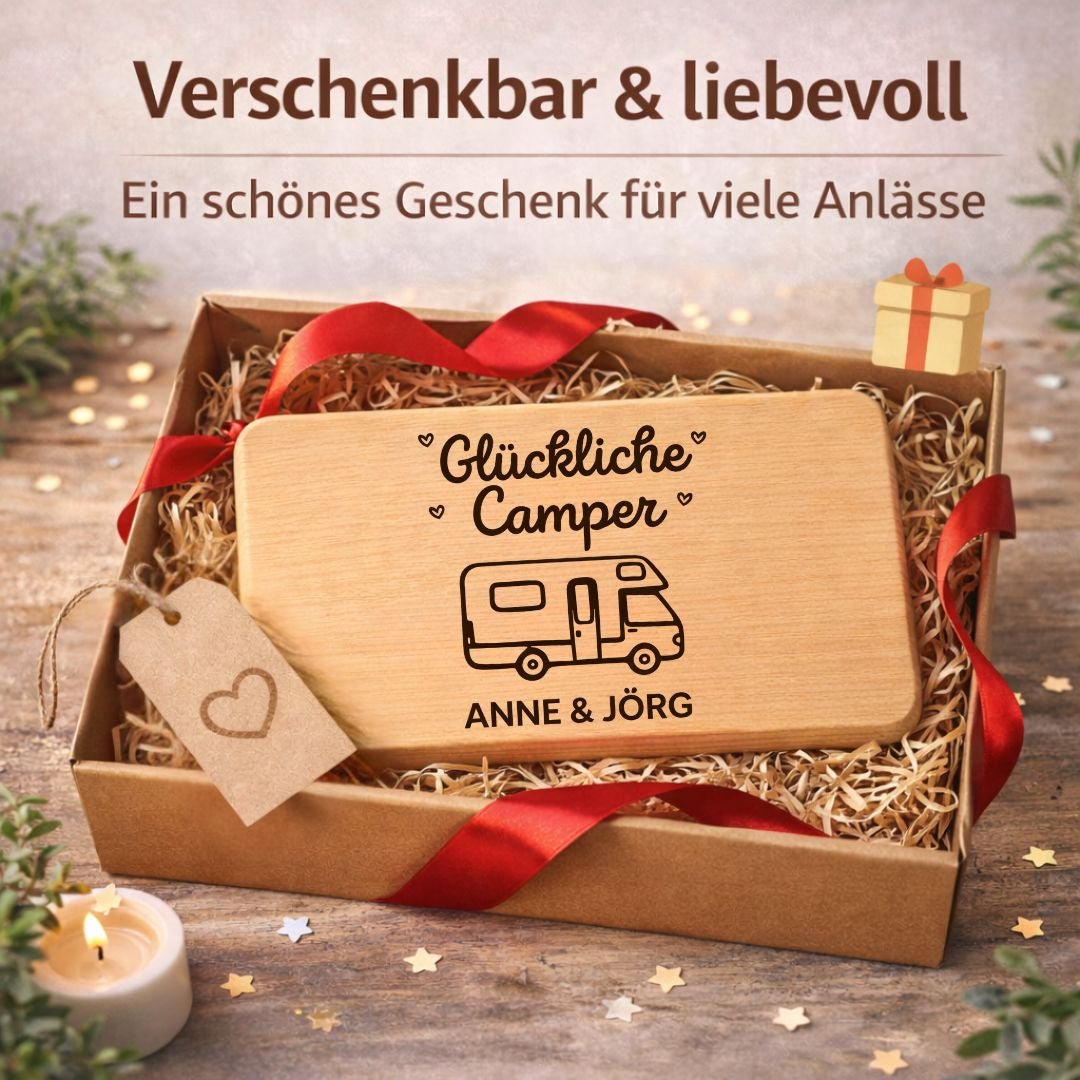 Frühstücksbrettchen "Glückliche Camper" – Geschenkidee für Wohnwagen - Fans & Camping Gadgets - DwieDeko