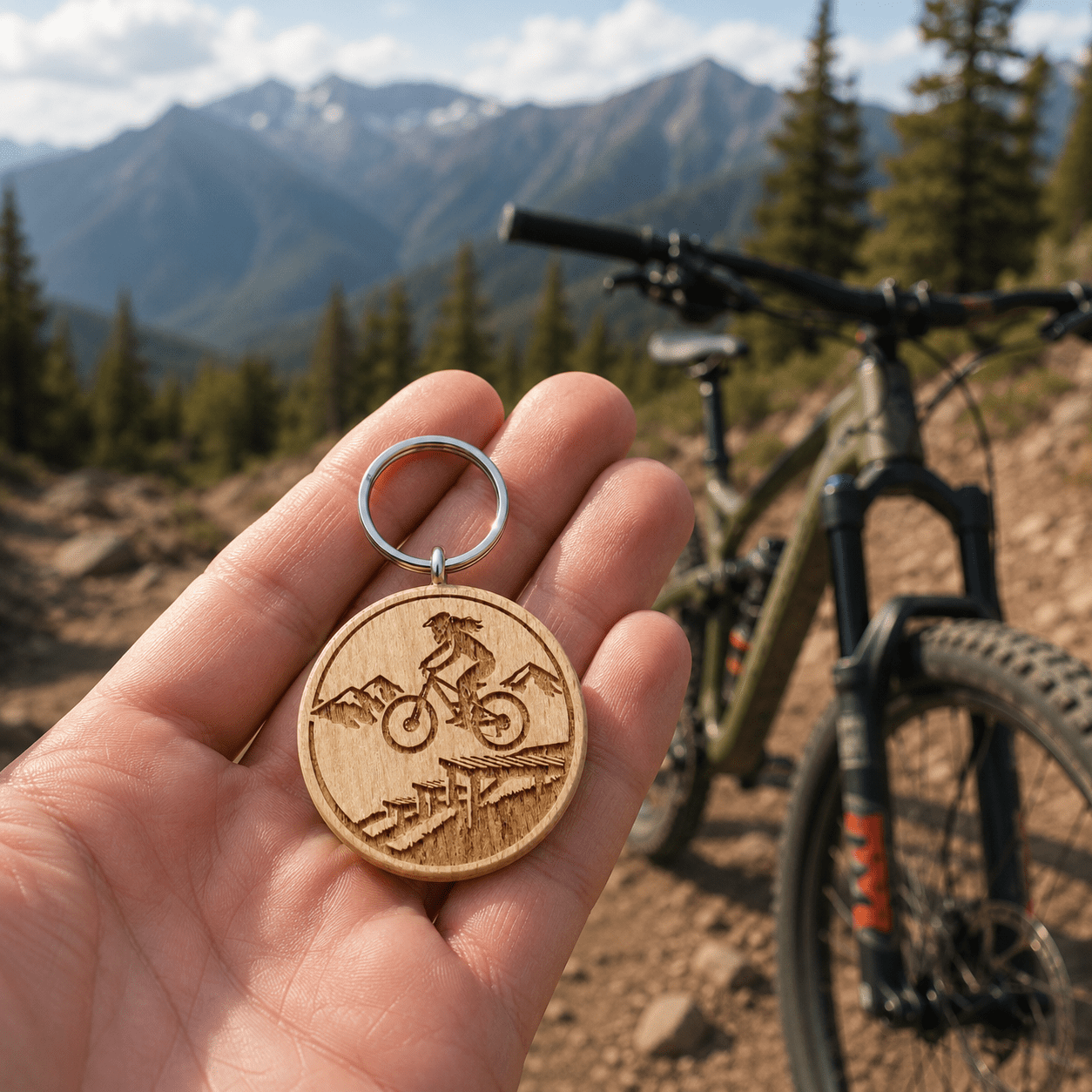 Mountainbike Schlüsselanhänger aus Holz - "Frau auf Drop" - DwieDeko