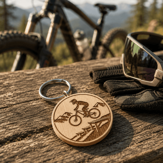 Mountainbike Schlüsselanhänger aus Holz - "Mountainbiker auf Drop" - DwieDeko