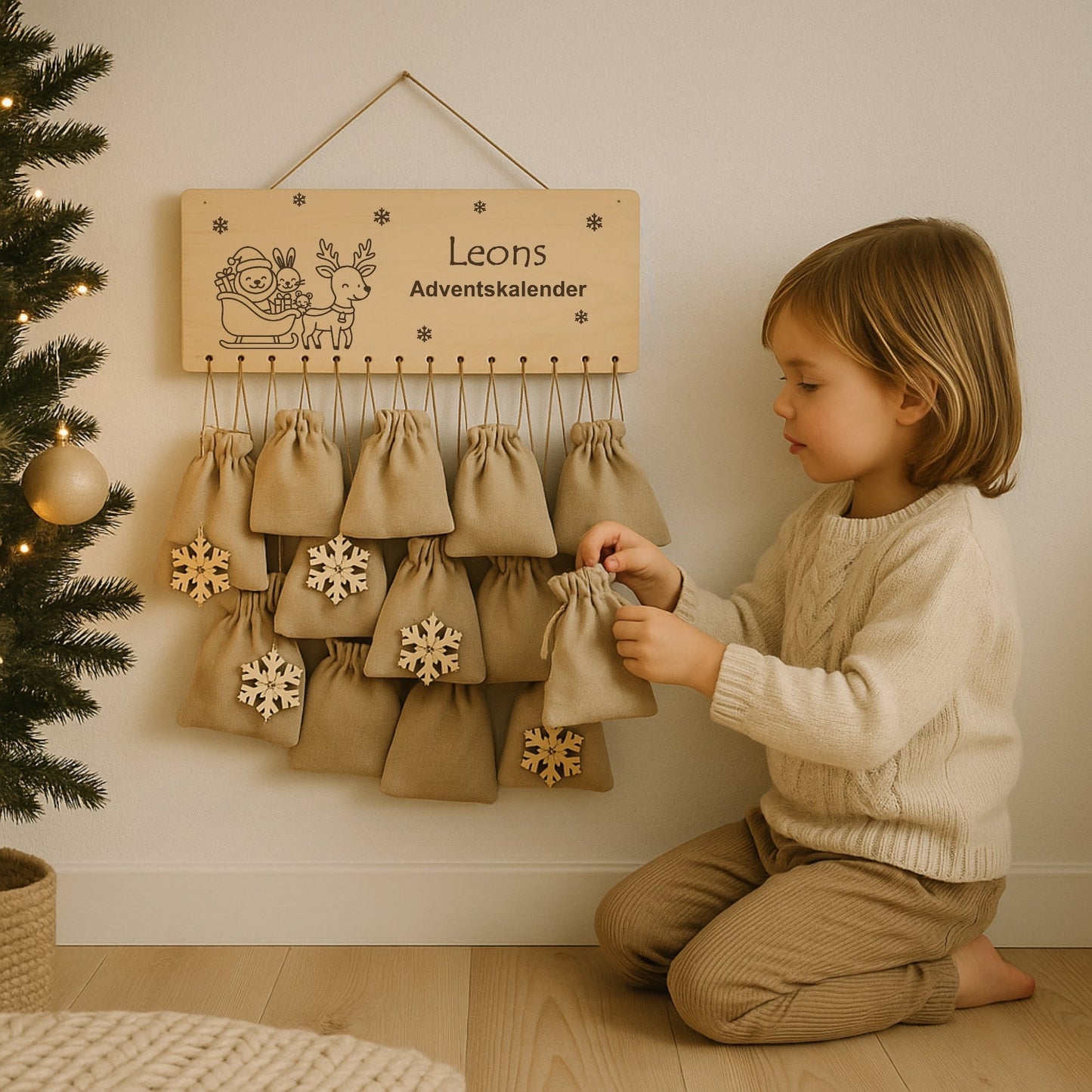 Personalisierter Adventskalender Holz - Kutsche mit Rentier - DwieDeko