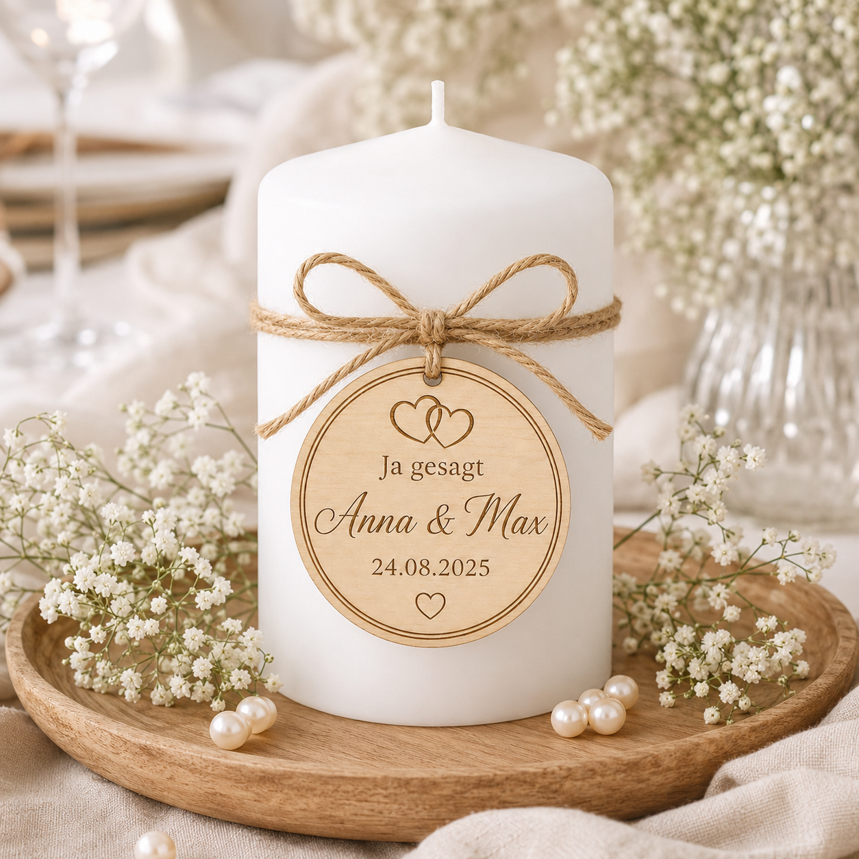 Personalisierter Holzanhänger für Hochzeit mit Namen & Datum