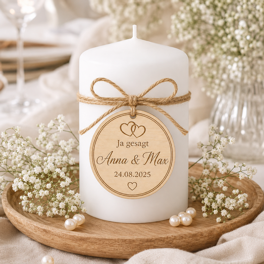 Personalisierter Holzanhänger für Hochzeit mit Namen & Datum