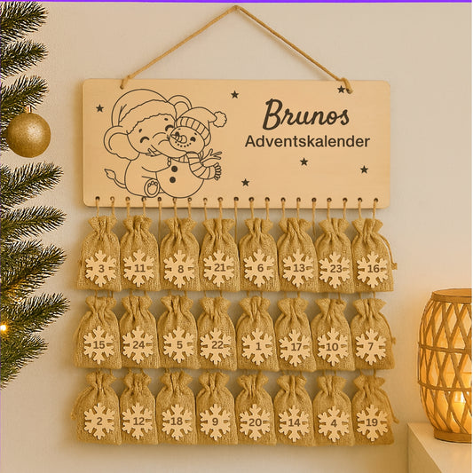 Personalisierter Adventskalender Holz - Elefant mit Schneemann