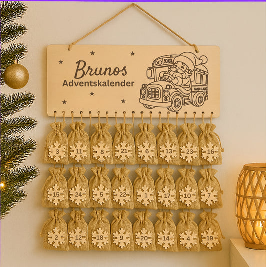 Personalisierter Adventskalender Holz - Nikolaus im Bus
