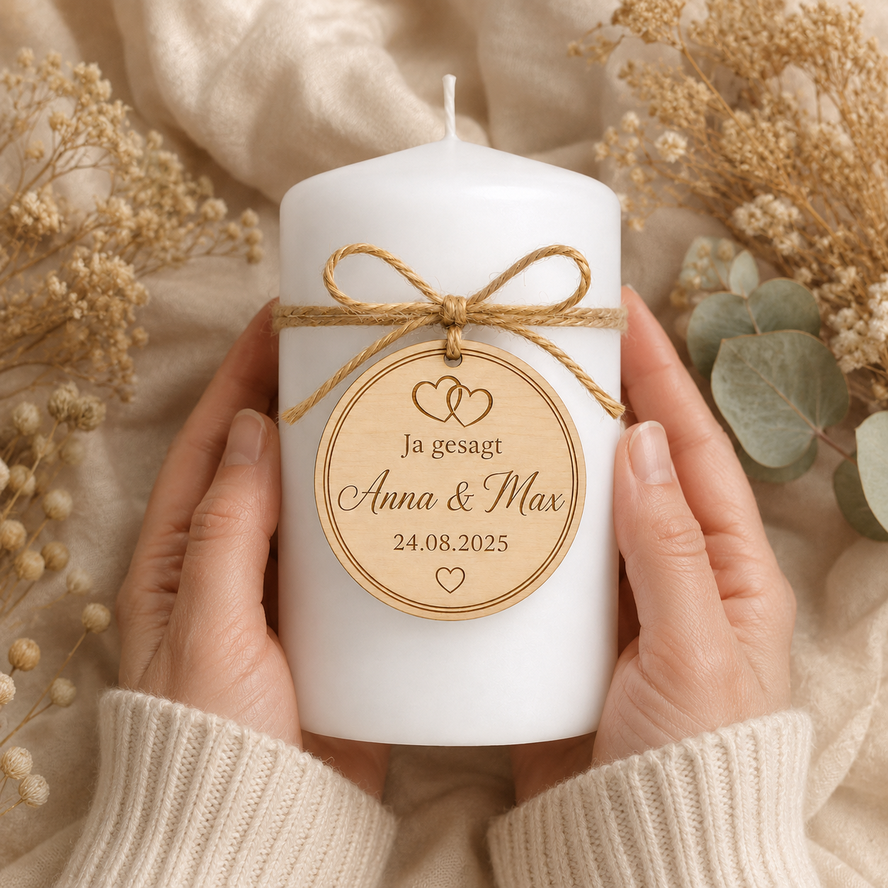 Personalisierter Holzanhänger für Hochzeit mit Namen & Datum