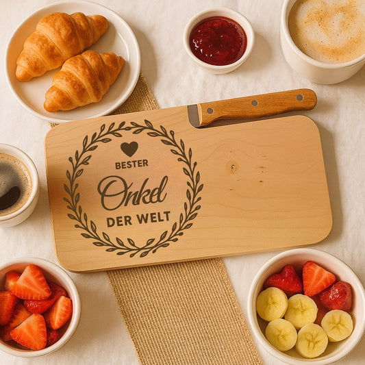 Brotzeitbrett mit Messer und Gravur - Bester Onkel der Welt