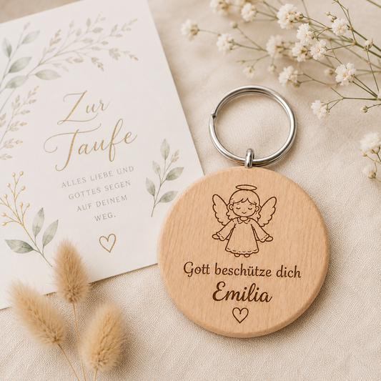 Taufe Geschenk personalisiert – Schutzengel Schlüsselanhänger mit Name