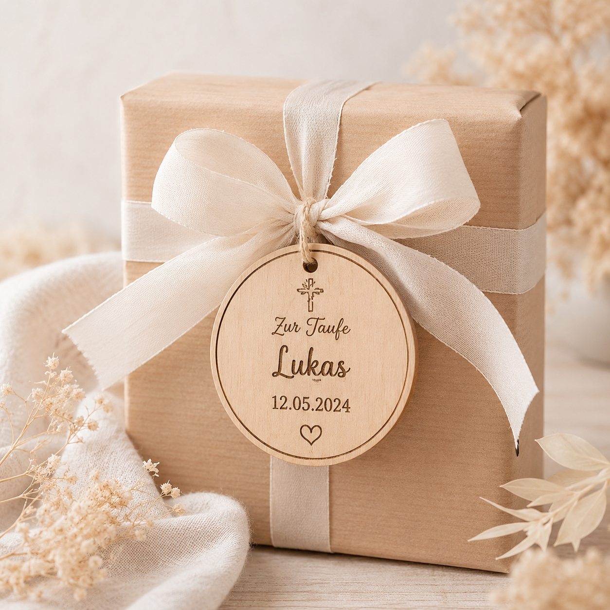 Geschenk für die Taufe – Holzanhänger personalisiert mit Name & Datum