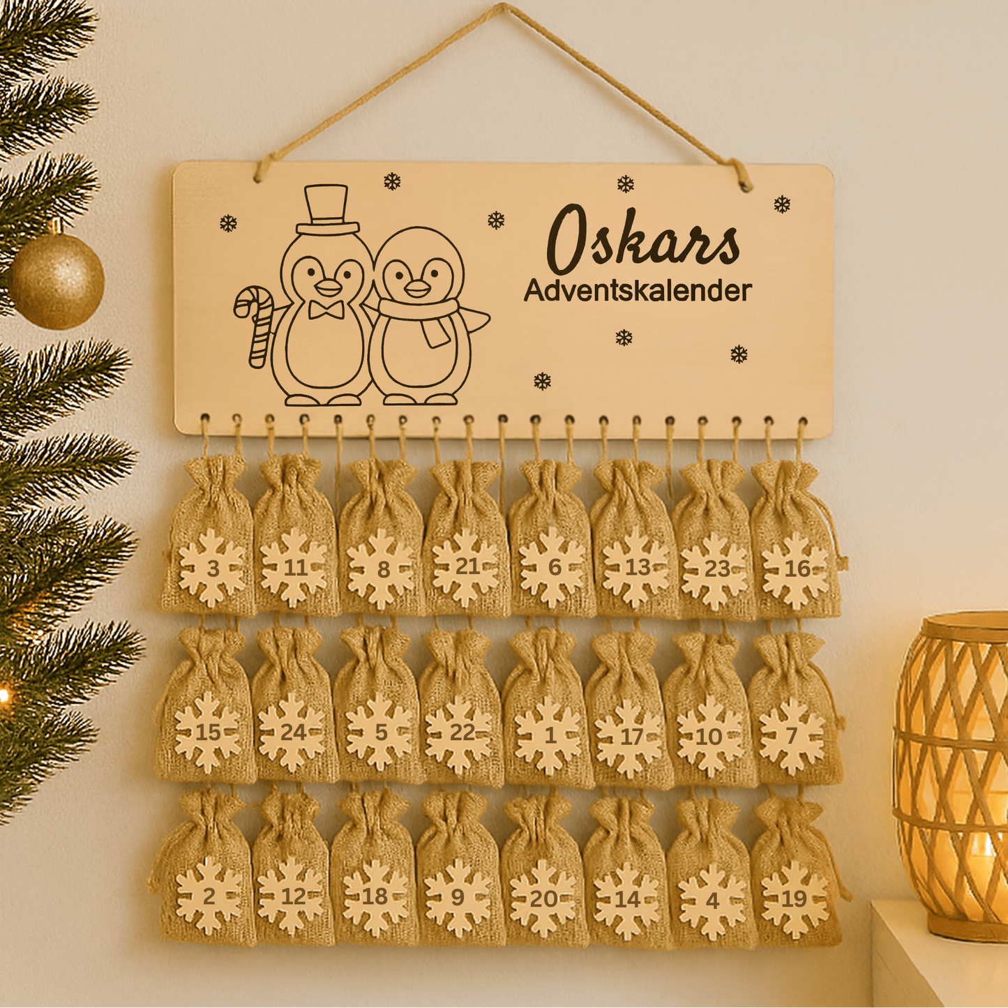 Personalisierter Adventskalender Holz für Kinder - Gravur Pinguine Paar - DwieDeko - inkl. Jutebeutel und Zahlen