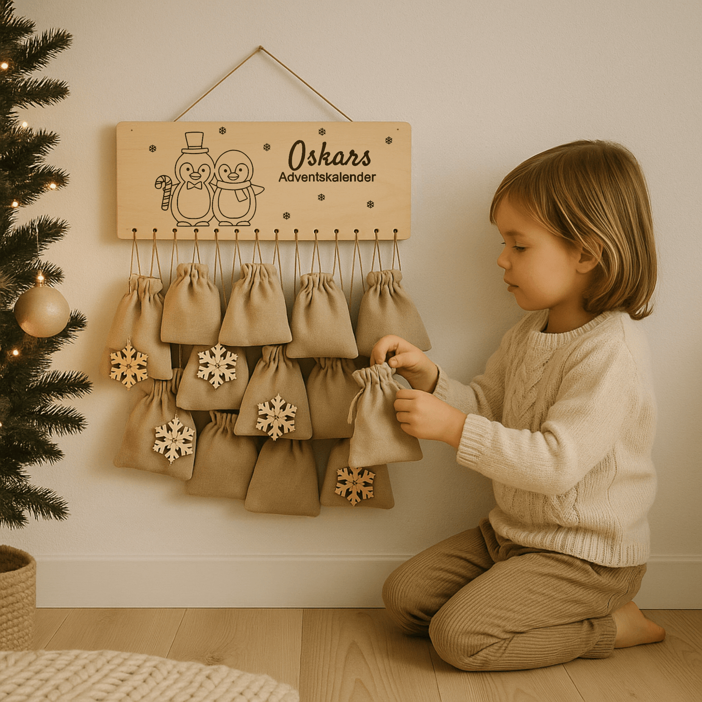 Kind sitzt vor dem personalisierten Adventskalender - Weihnachtliche Dekoration -  DwieDeko