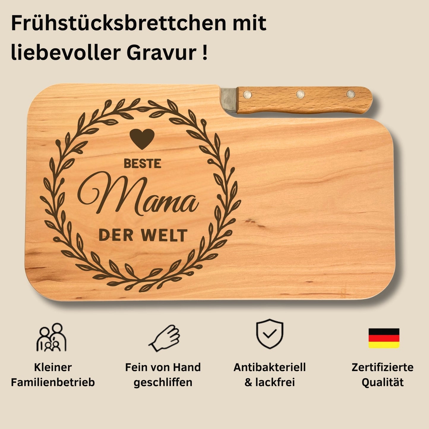 Brotzeitbrett mit Messer und Gravur - Beste Mama der Welt - DwieDeko