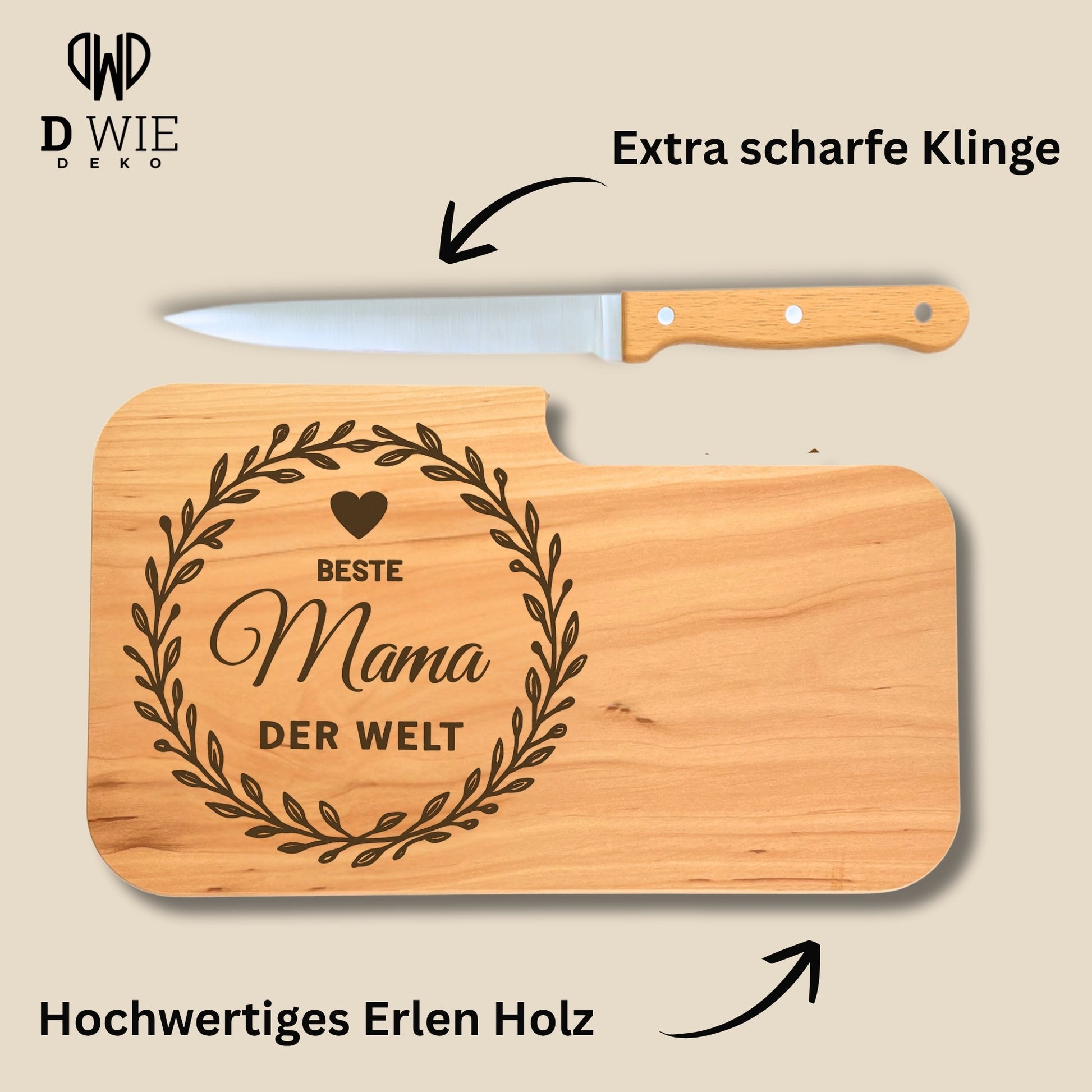Brotzeitbrett mit Messer und Gravur - Beste Mama der Welt - DwieDeko