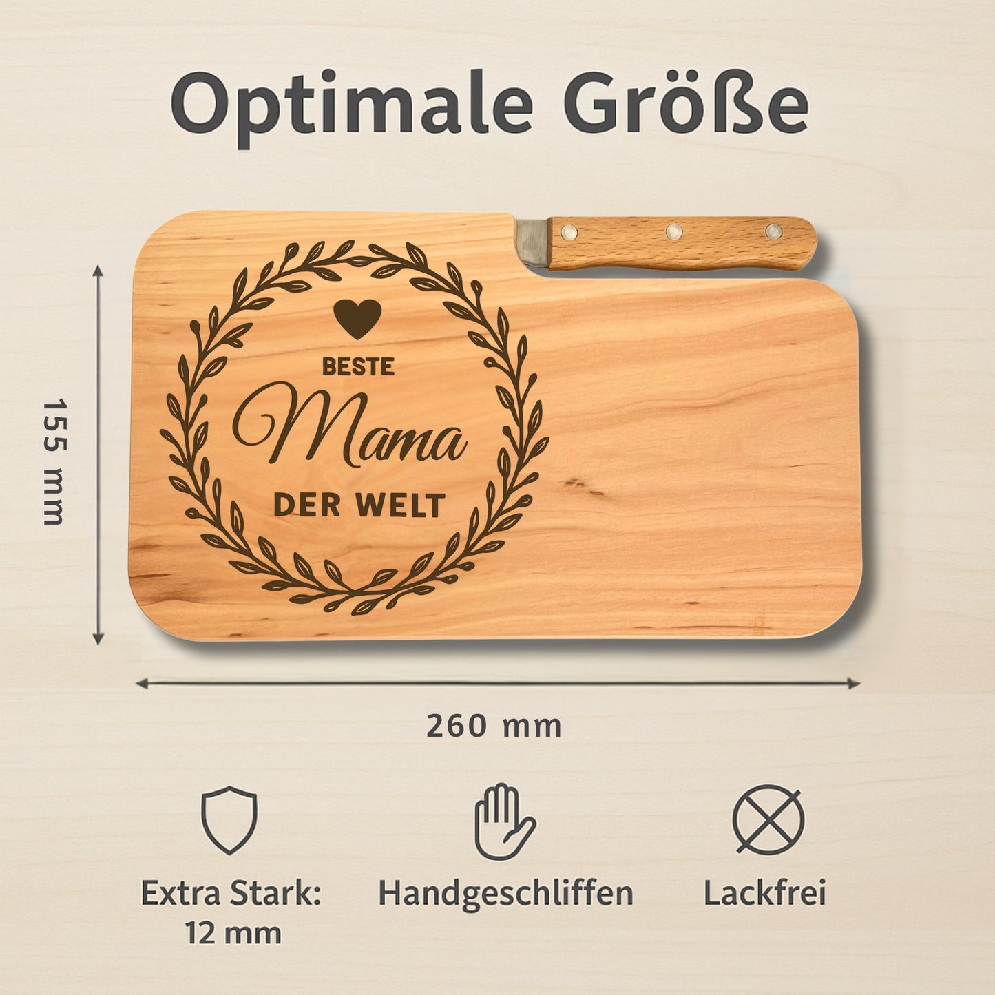Brotzeitbrett mit Messer und Gravur - Beste Mama der Welt - DwieDeko