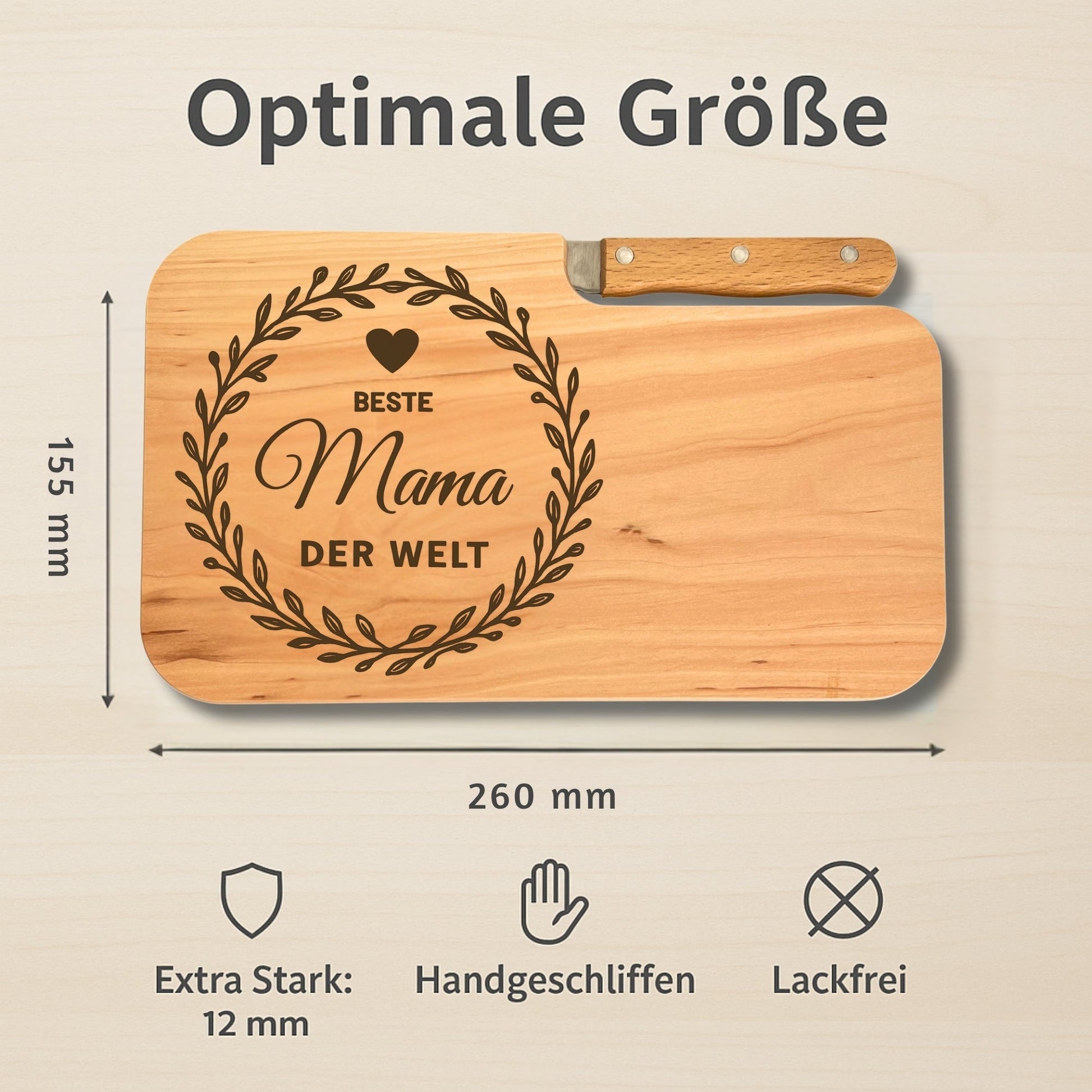 Brotzeitbrett mit Messer und Gravur - Beste Mama der Welt - DwieDeko