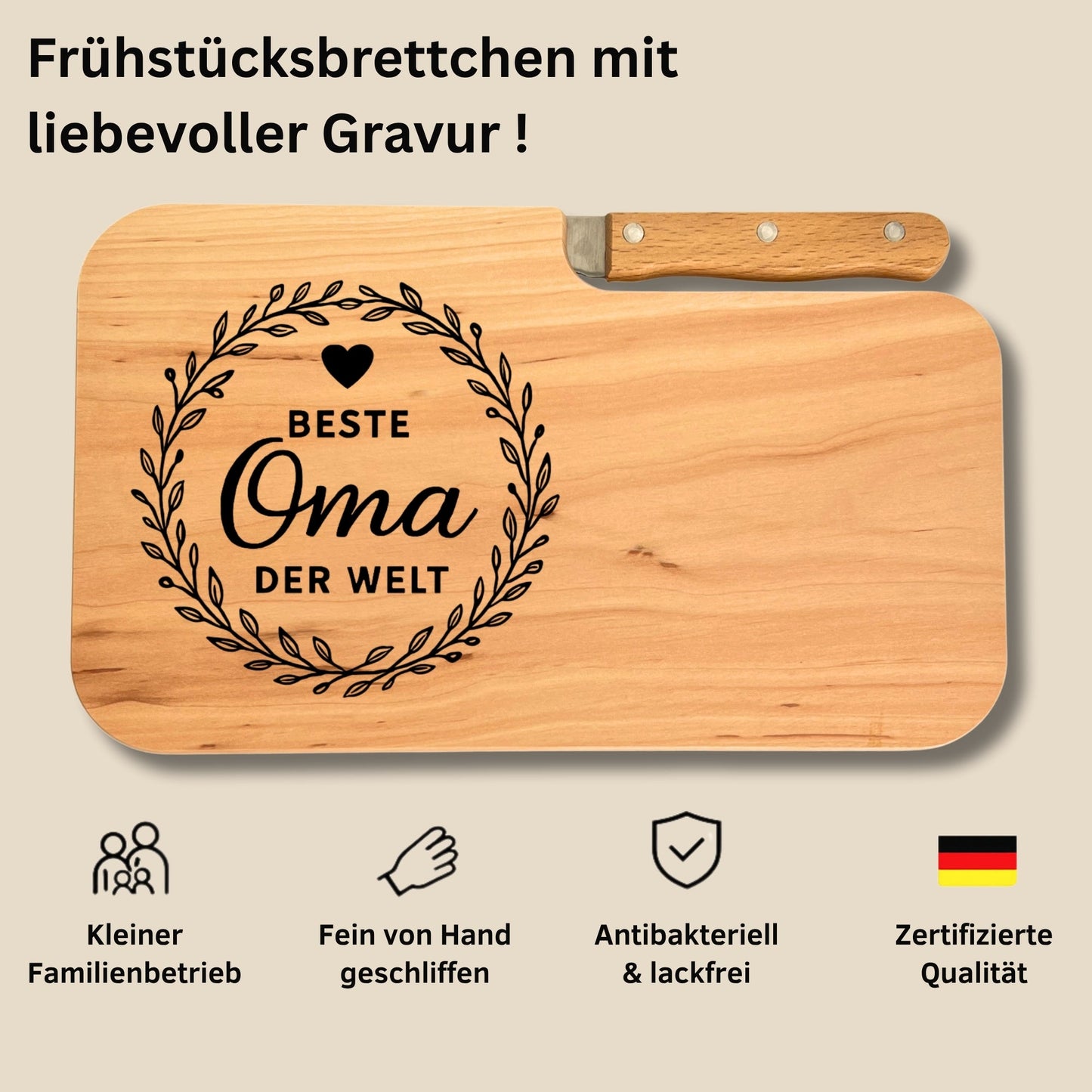 Brotzeitbrett mit Messer und Gravur - Beste Oma der Welt - DwieDeko