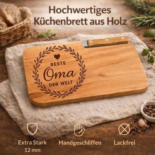 Brotzeitbrett mit Messer und Gravur - Beste Oma der Welt - DwieDeko