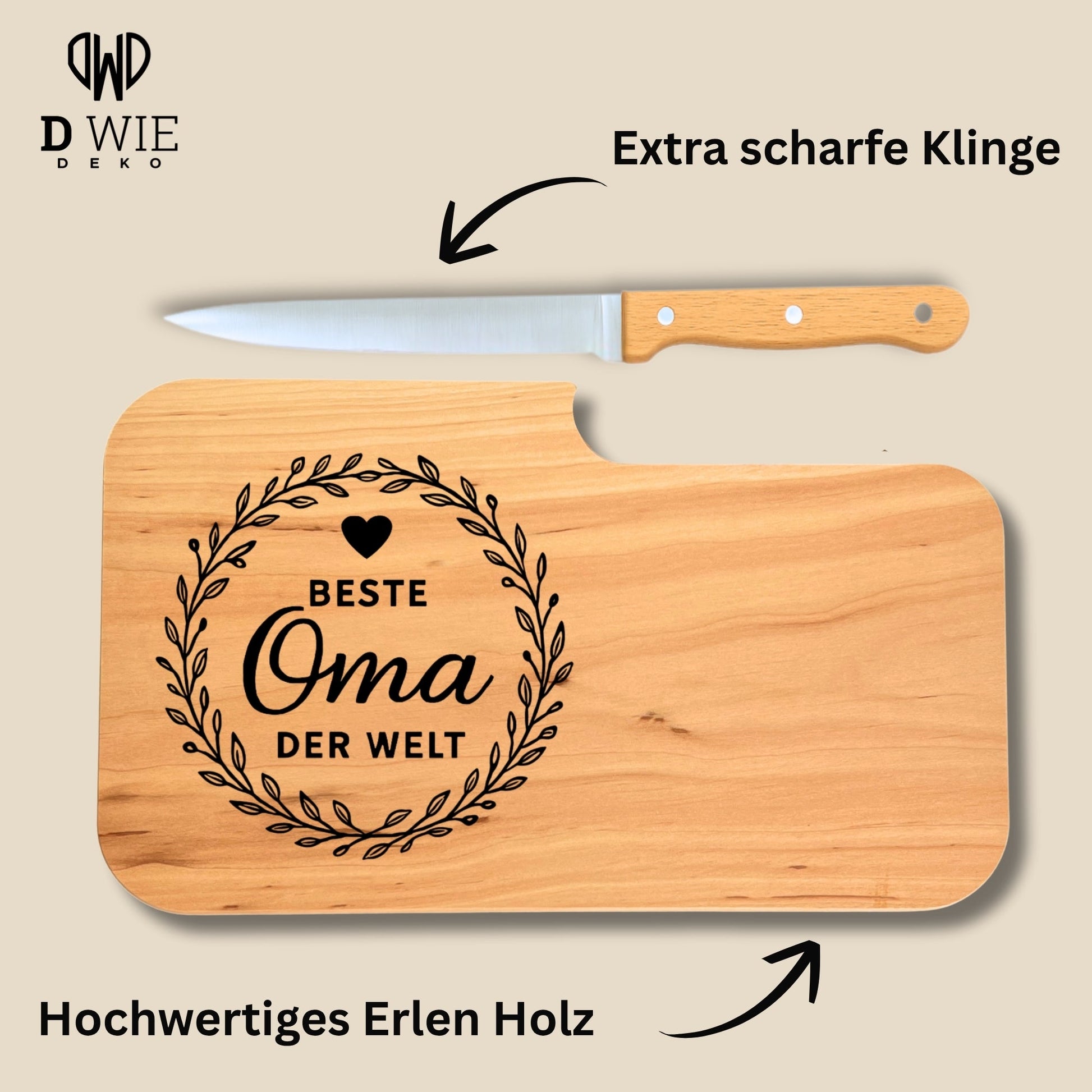 Brotzeitbrett mit Messer und Gravur - Beste Oma der Welt - DwieDeko