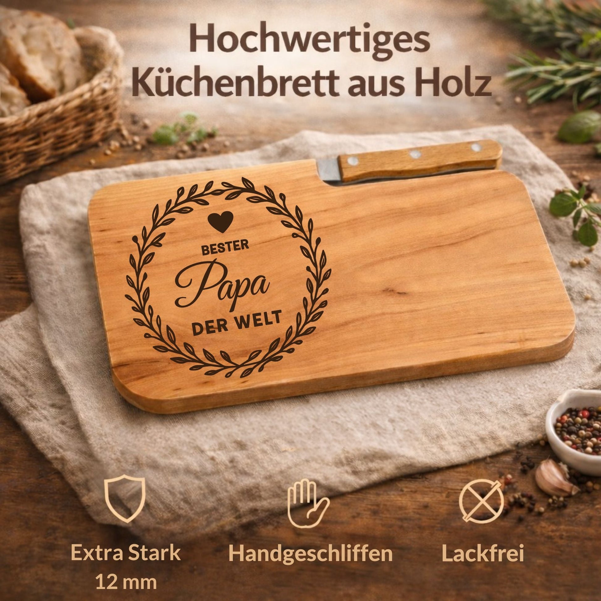Brotzeitbrett mit Messer und Gravur - Beste Papa der Welt - DwieDeko