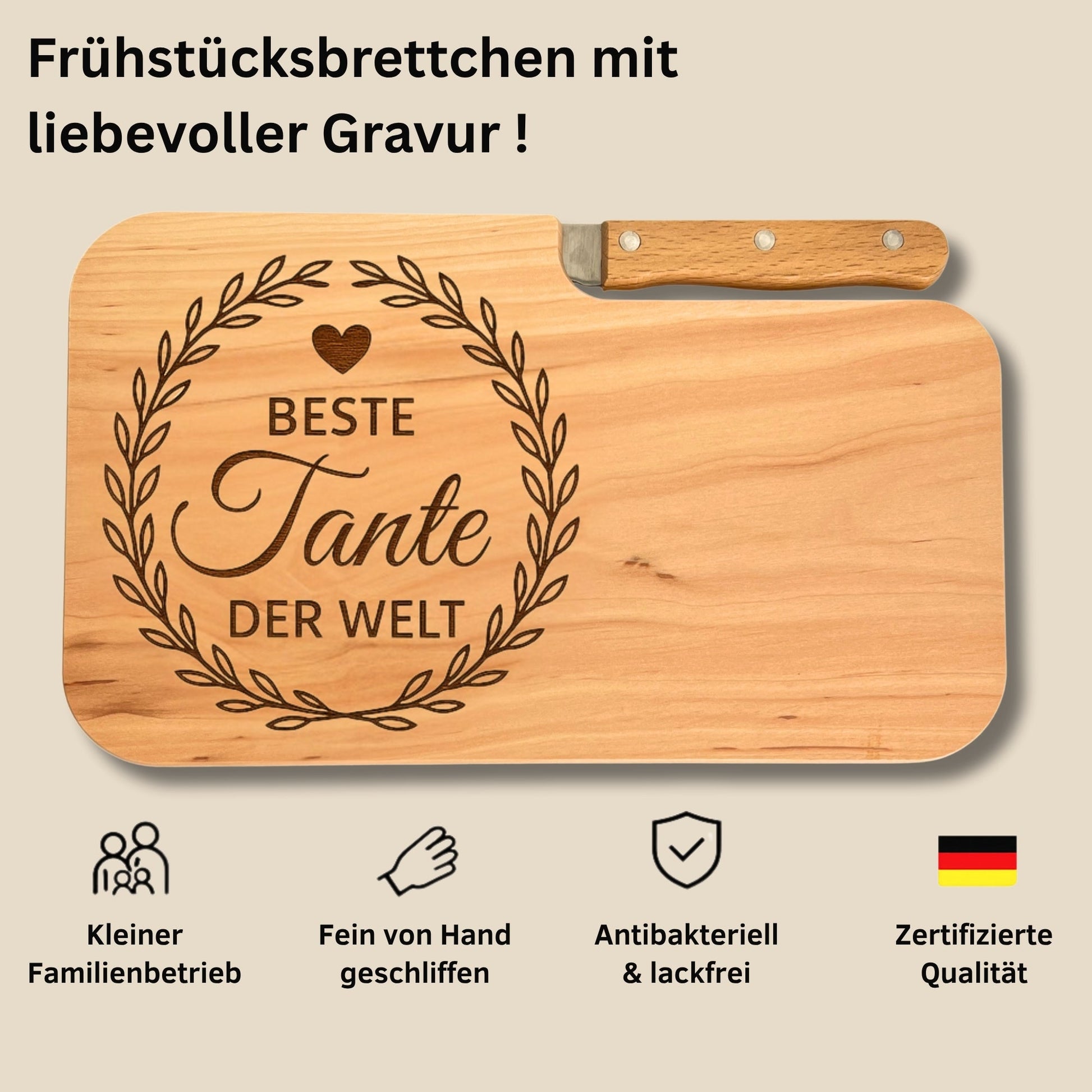 Brotzeitbrett mit Messer und Gravur - Beste Tante der Welt - DwieDeko