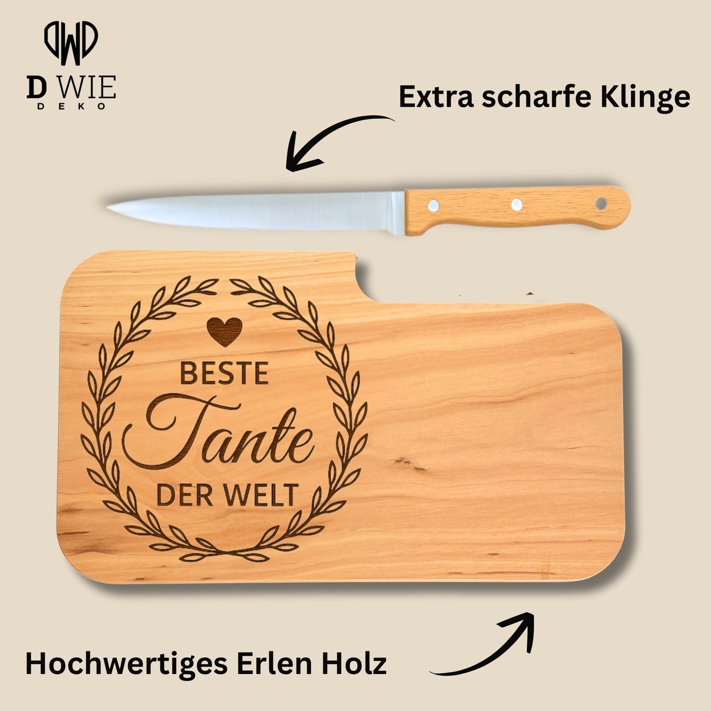 Brotzeitbrett mit Messer und Gravur - Beste Tante der Welt - DwieDeko