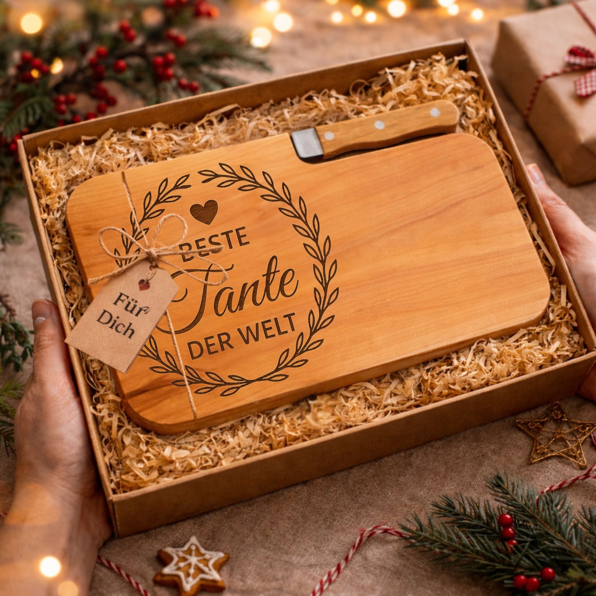 Brotzeitbrett mit Messer und Gravur - Beste Tante der Welt - DwieDeko