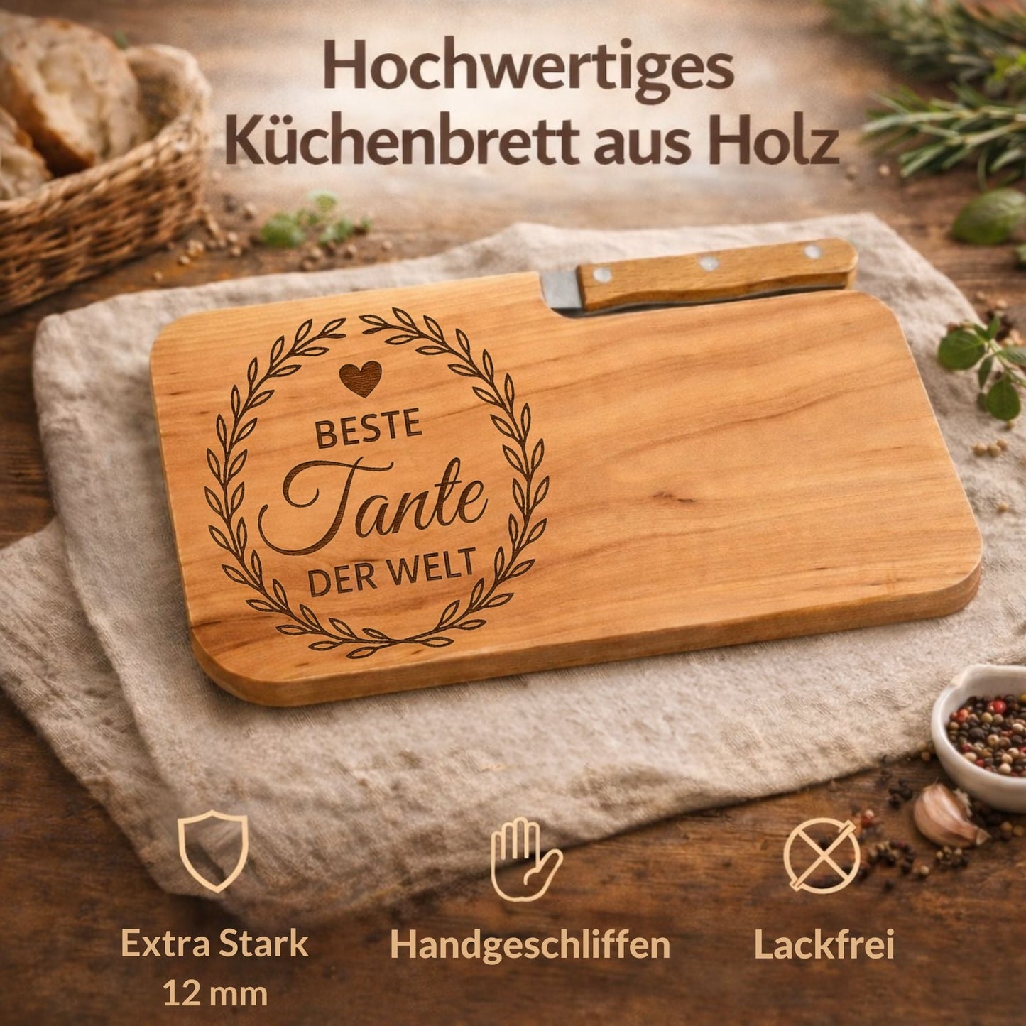 Brotzeitbrett mit Messer und Gravur - Beste Tante der Welt - DwieDeko