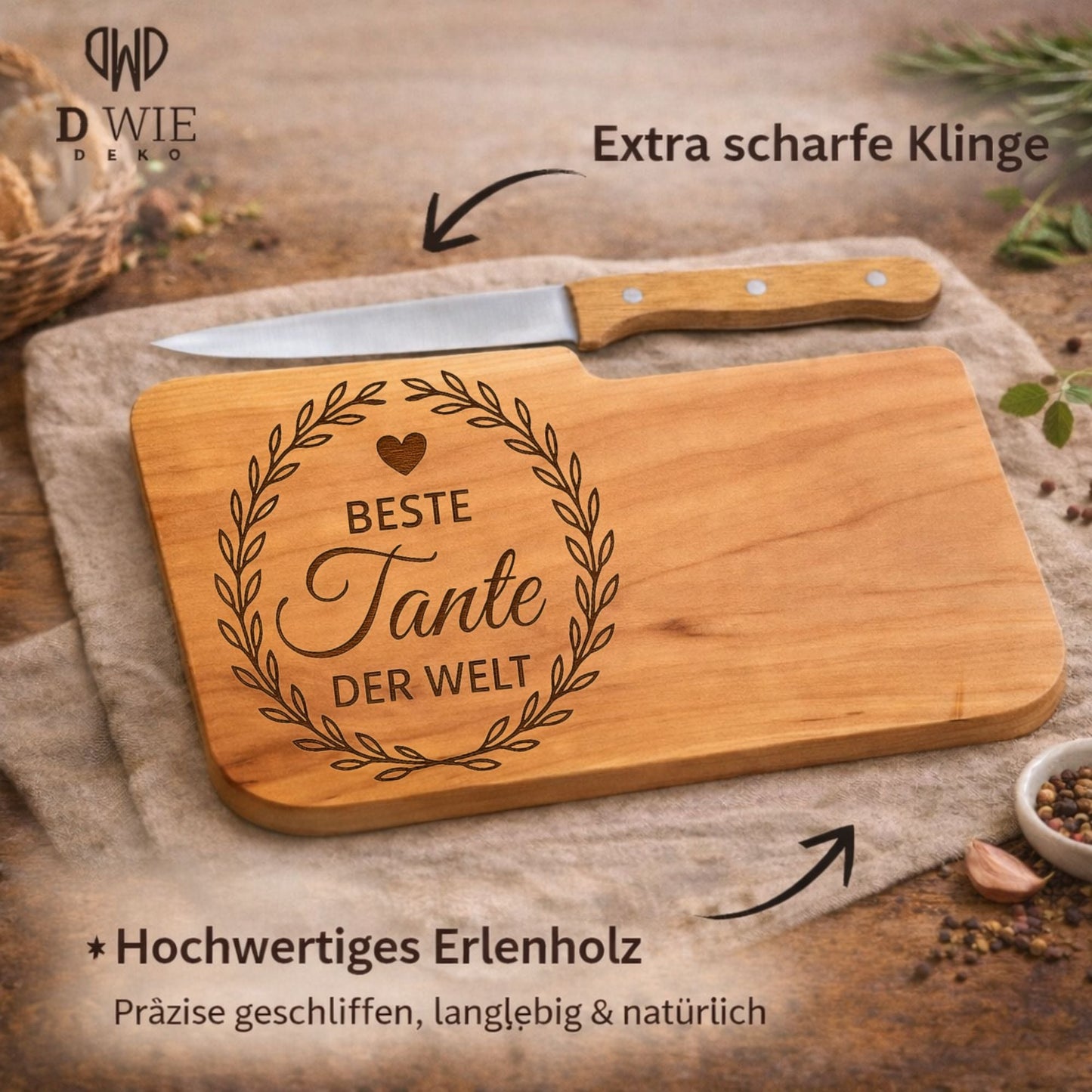 Brotzeitbrett mit Messer und Gravur - Beste Tante der Welt - DwieDeko