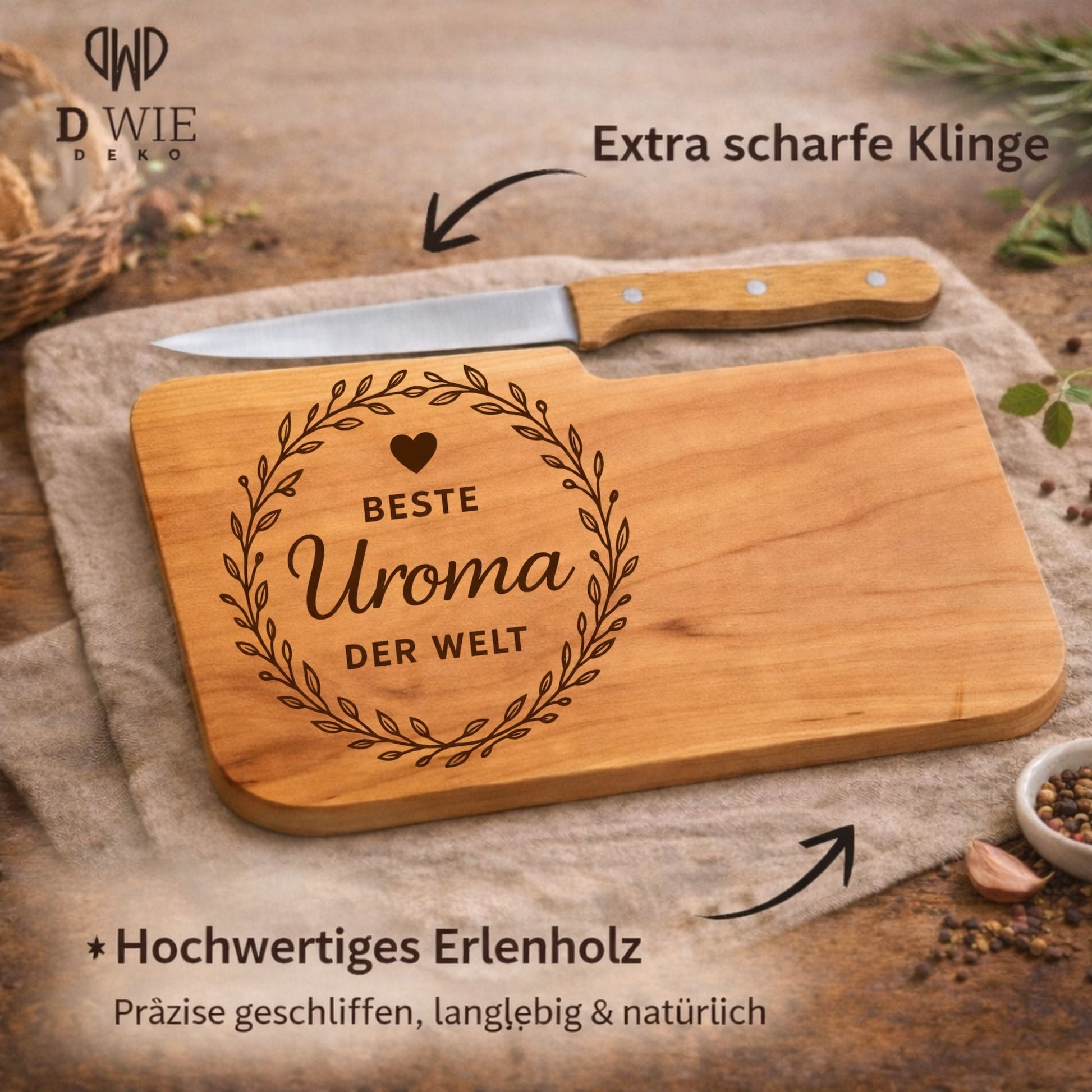 Brotzeitbrett mit Messer und Gravur - Beste Uroma der Welt - DwieDeko