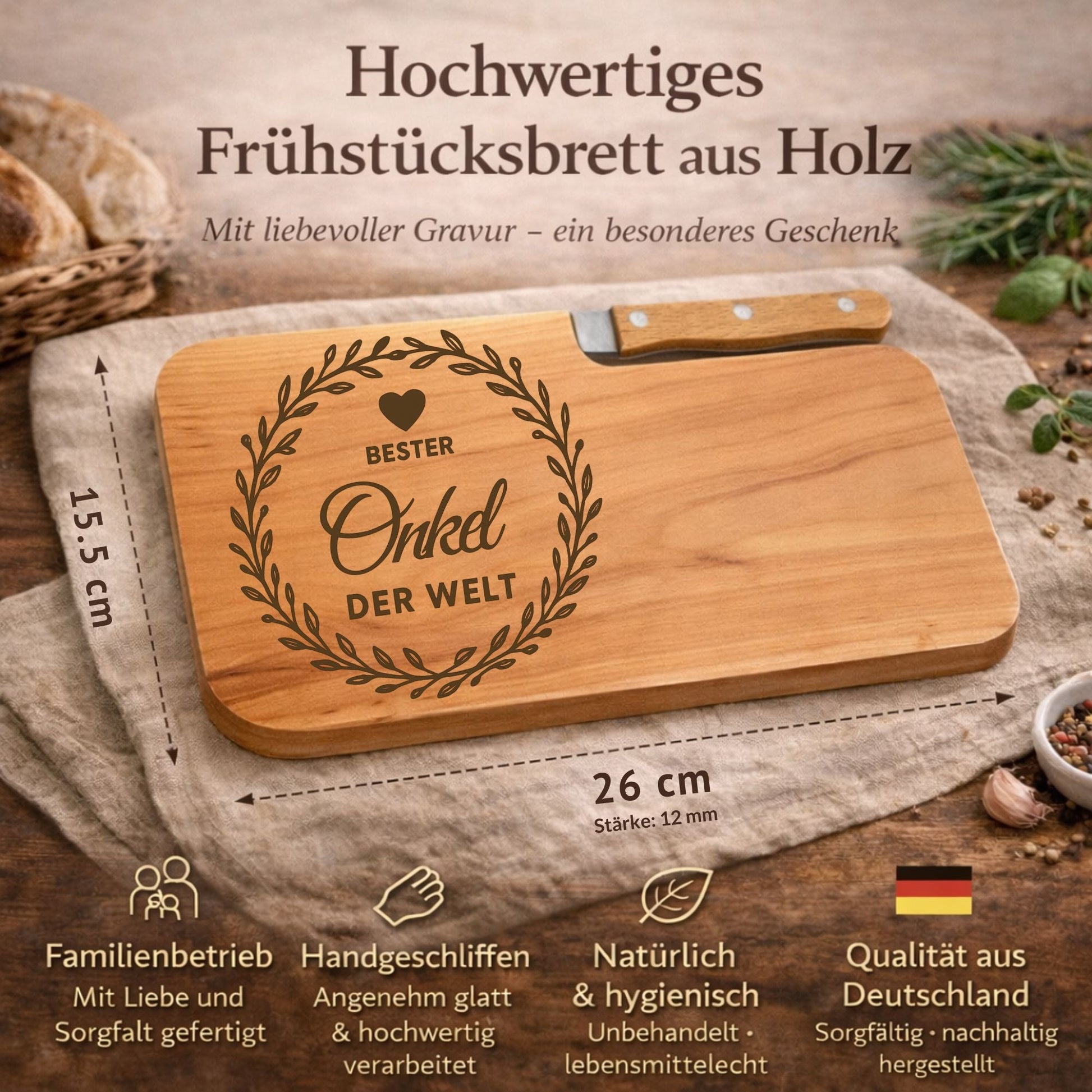 Brotzeitbrett mit Messer und Gravur - Bester Onkel der Welt - DwieDeko