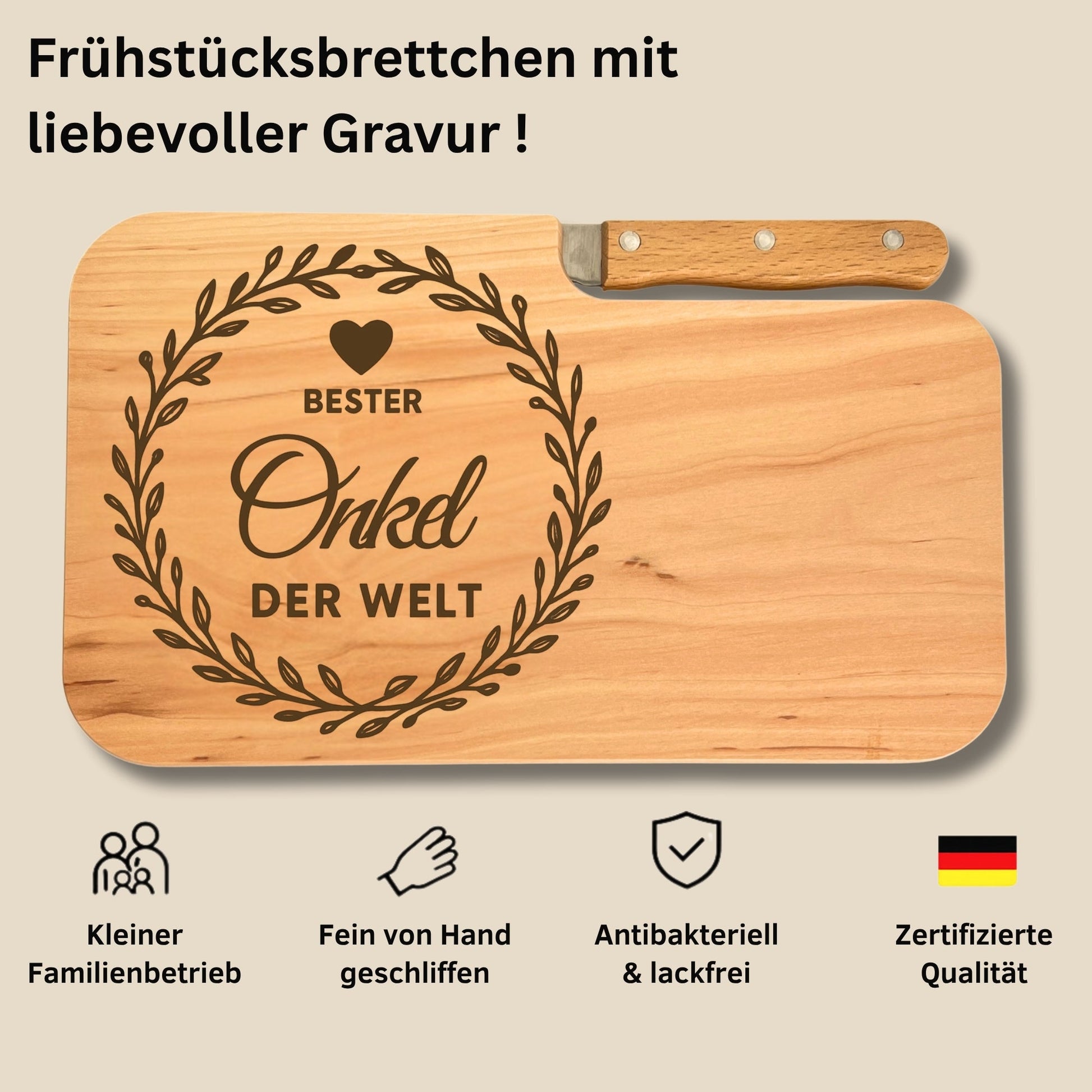 Brotzeitbrett mit Messer und Gravur - Bester Onkel der Welt - DwieDeko