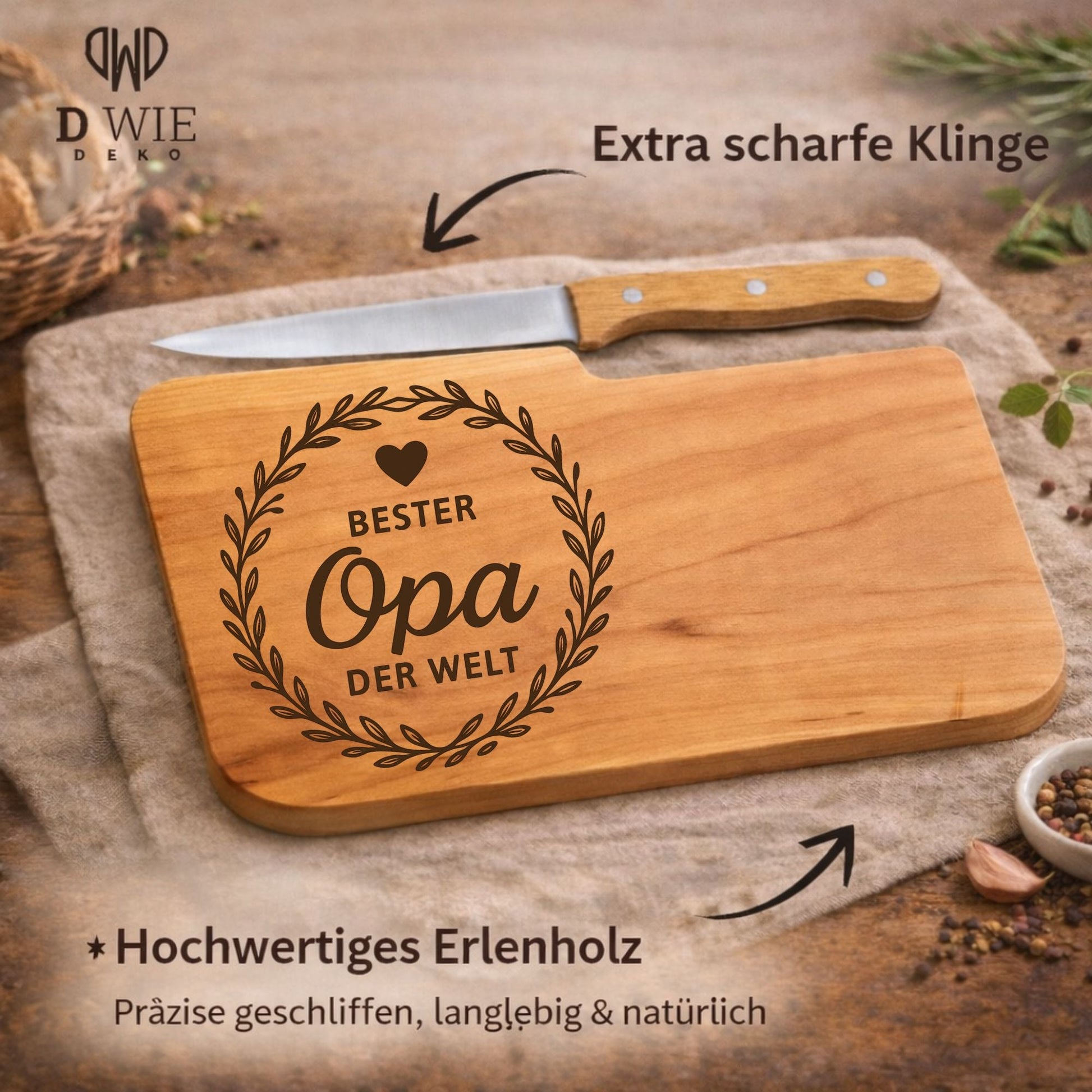 Brotzeitbrett mit Messer und Gravur - Bester Opa der Welt - DwieDeko