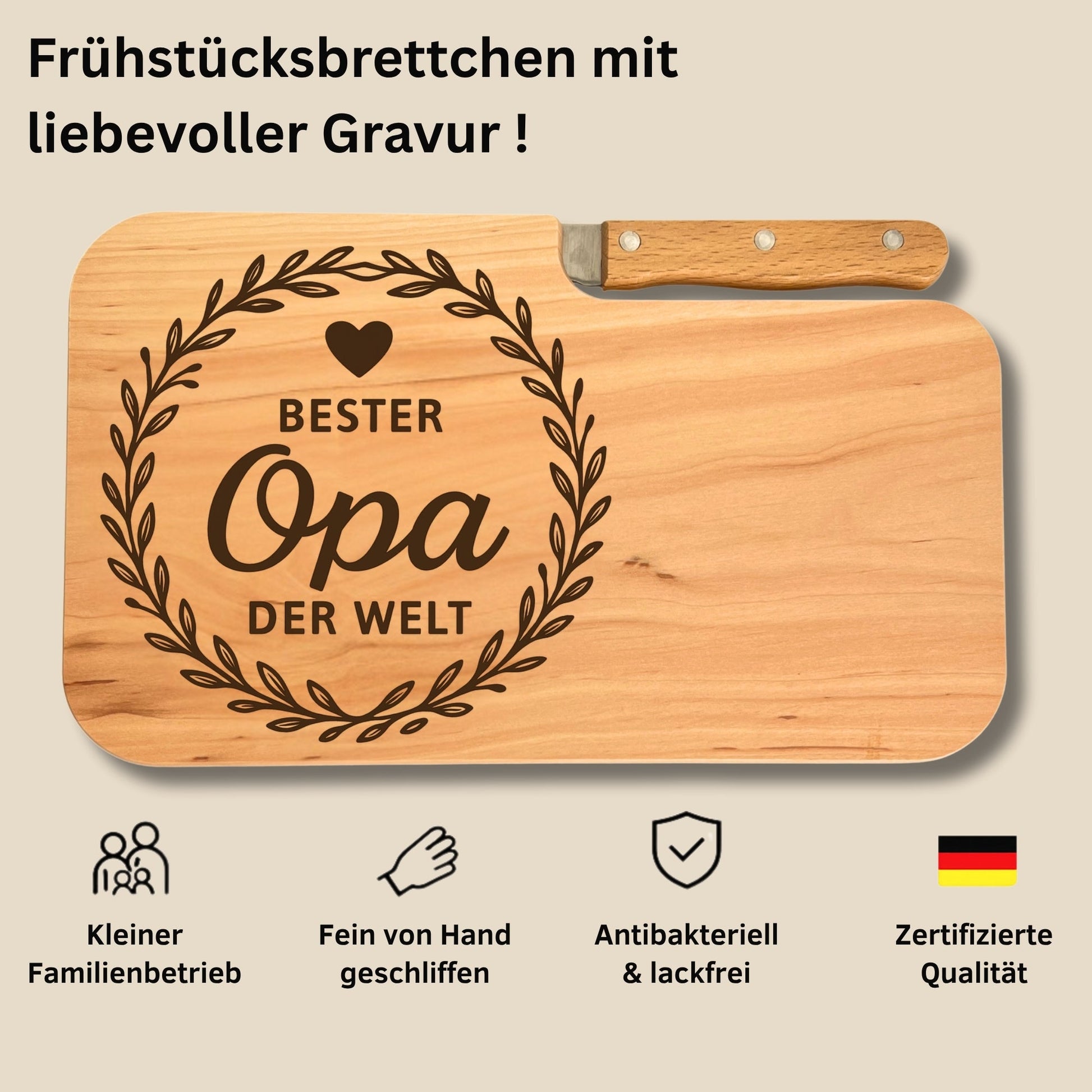 Brotzeitbrett mit Messer und Gravur - Bester Opa der Welt - DwieDeko