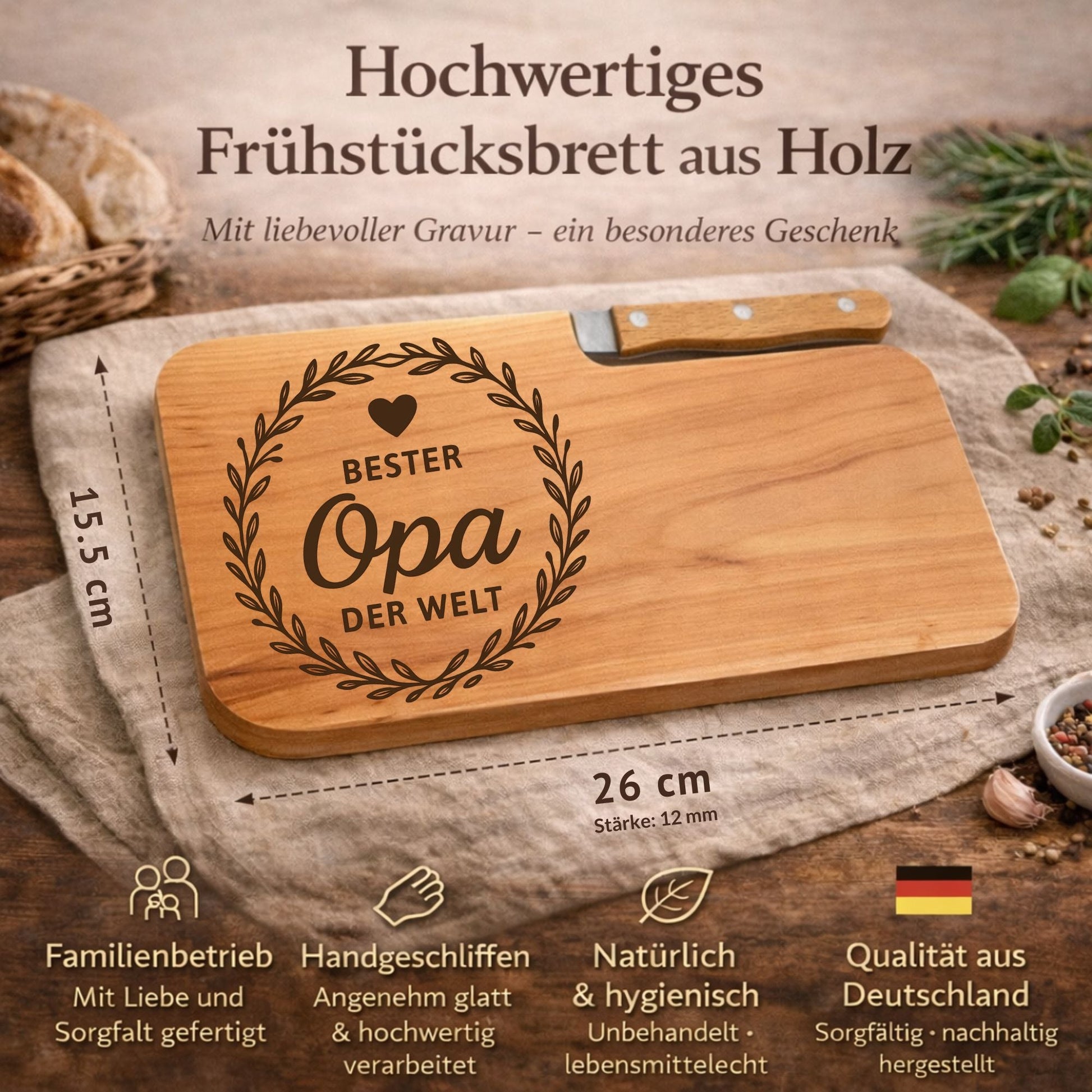 Brotzeitbrett mit Messer und Gravur - Bester Opa der Welt - DwieDeko