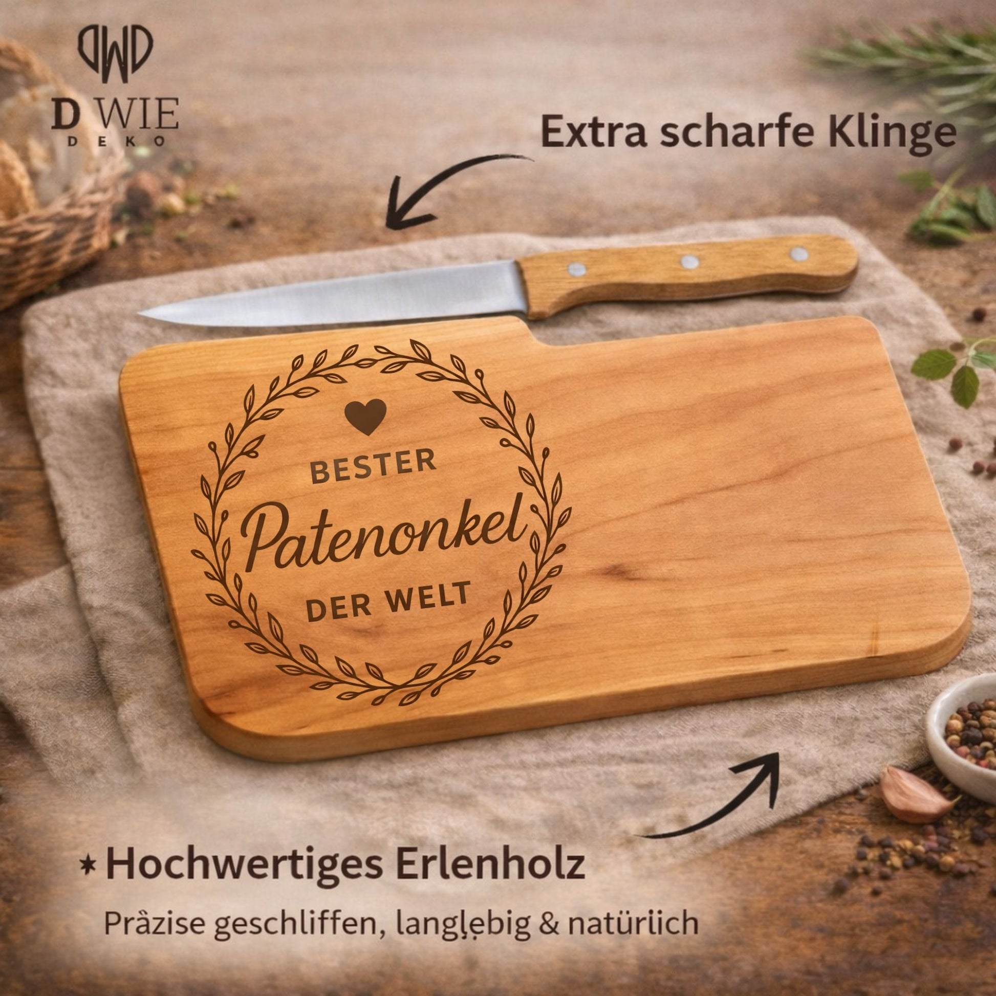 Brotzeitbrett mit Messer und Gravur - Bester Patenonkel der Welt - DwieDeko