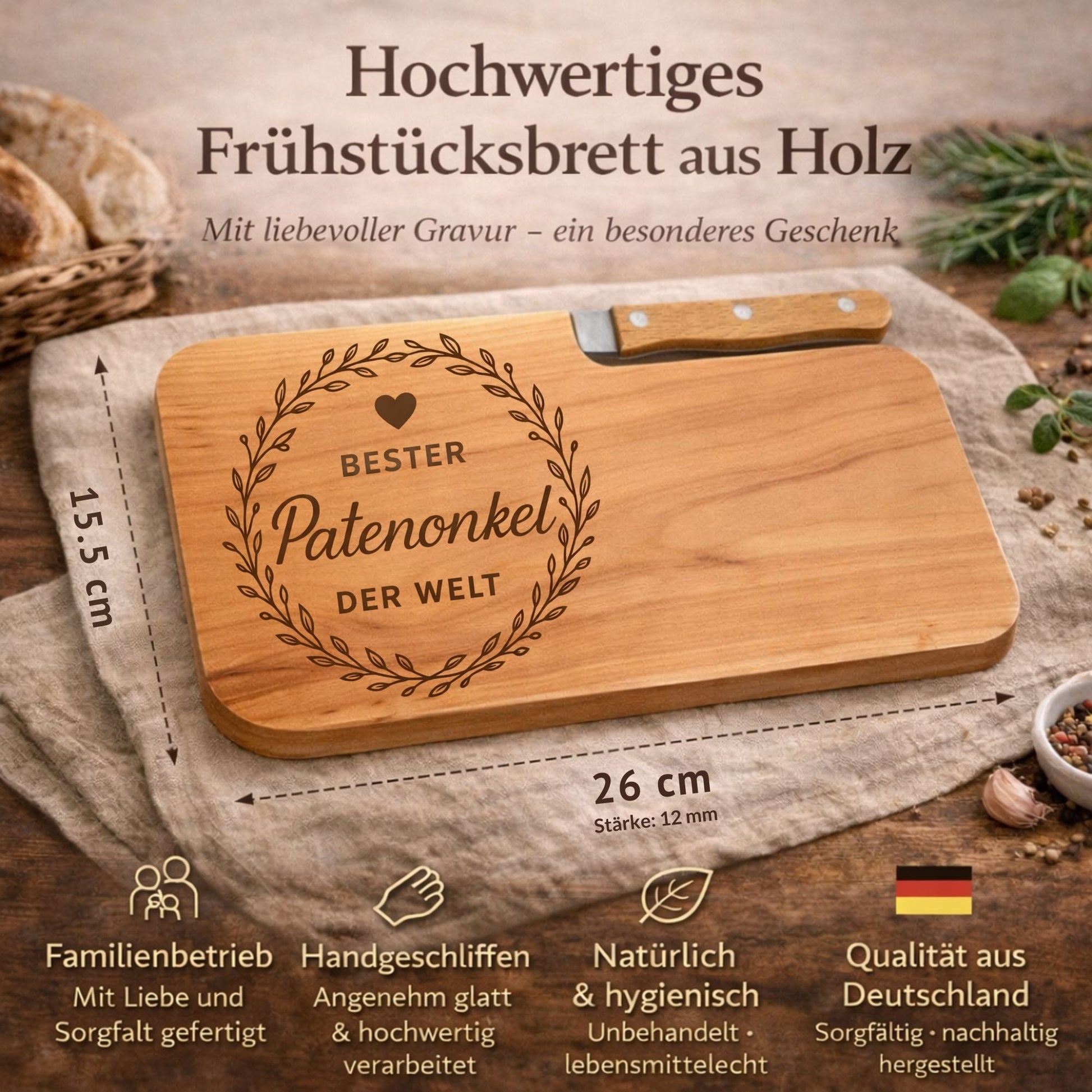 Brotzeitbrett mit Messer und Gravur - Bester Patenonkel der Welt - DwieDeko