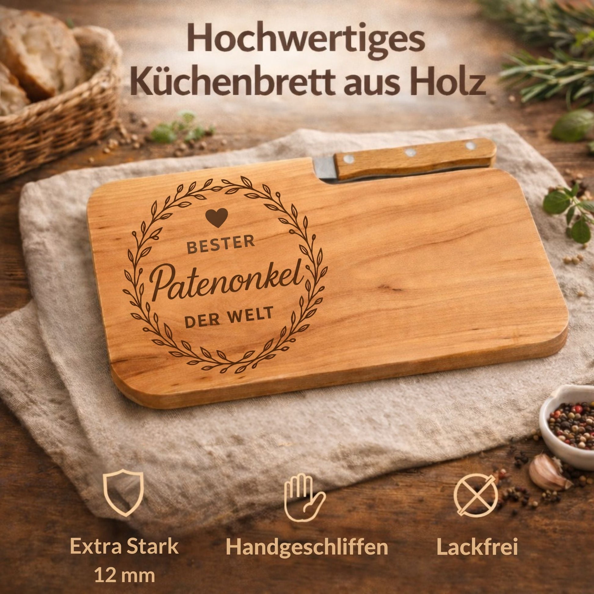 Brotzeitbrett mit Messer und Gravur - Bester Patenonkel der Welt - DwieDeko