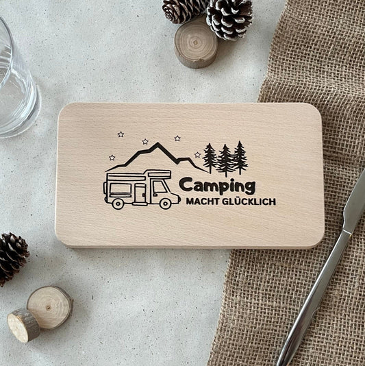 DwieDeko Frühstücksbrett "Camping macht glücklich" –  Camping Zubehör & Geschenk für Camper Geburtstag