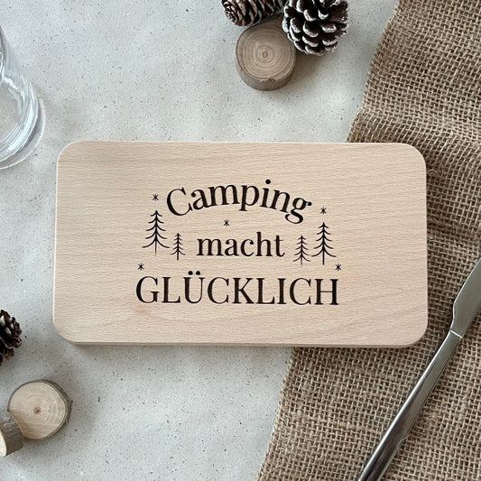 DwieDeko Frühstücksbrettchen "Camping macht glücklich" – Lustiges Camping Zubehör & Geschenk für Camper