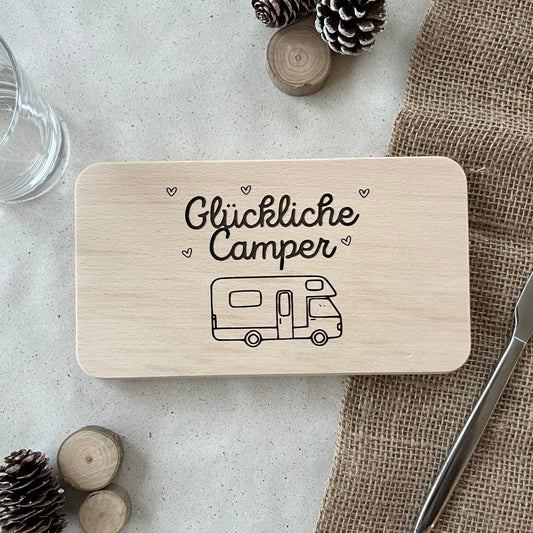 DwieDeko Frühstücksbrettchen "Glückliche Camper" – Geschenkidee für Wohnwagen-Fans & Camping Gadgets