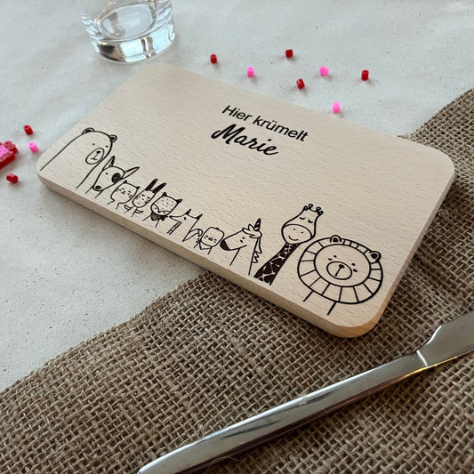 DwieDeko Frühstücksbrettchen mit Namen aus Holz - 10 Tiermotive - personalisiertes Geschenk für Kinder & Baby