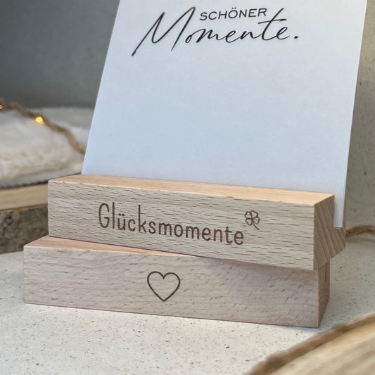 DwieDeko Kartenhalter mit Spruch Glücksmomente – 2er Set Holz Fotohalter Geschenk Freundin
