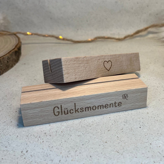 DwieDeko Kartenhalter mit Spruch Glücksmomente – 2er Set Holz Fotohalter Geschenk Freundin